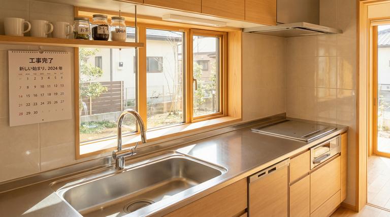 水回りを部分的にリフォームした明るいキッチン