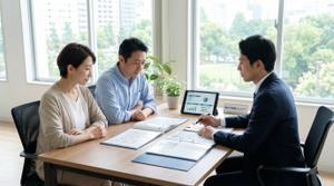 不動産担当者と売却価格について相談する売主の様子