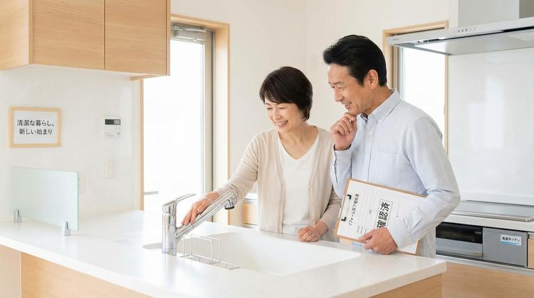 リフォームされたキッチンを内覧し設備を確認する夫婦