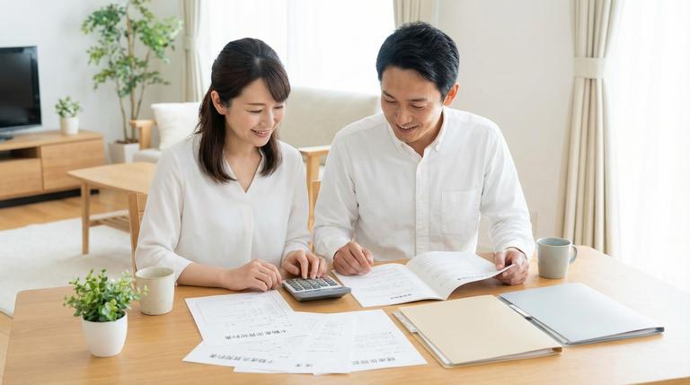 不動産売却と保険料の関係について考える夫婦のイメージ