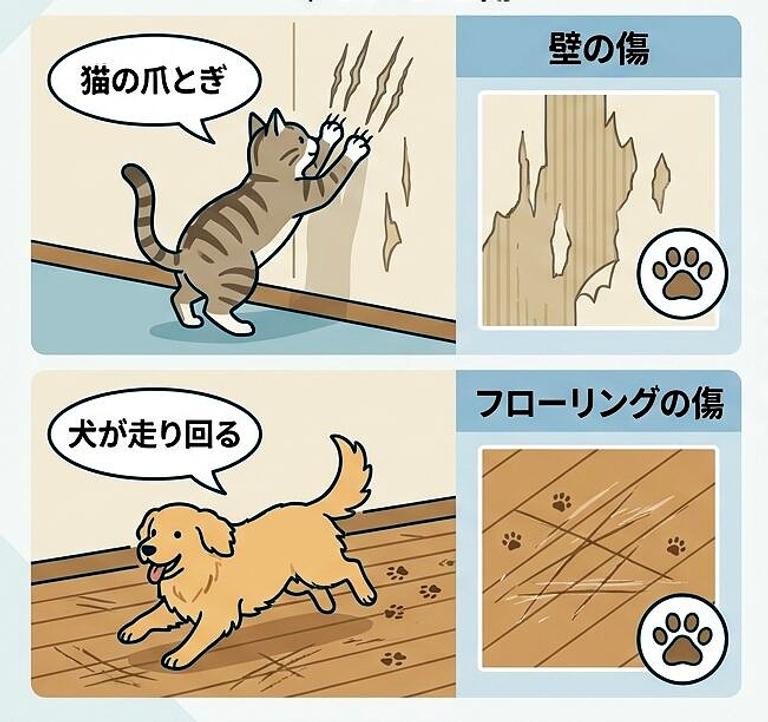 猫が壁で爪とぎをしてしまった、犬がフローリングを走り回ったなどで室内に傷がつく様子