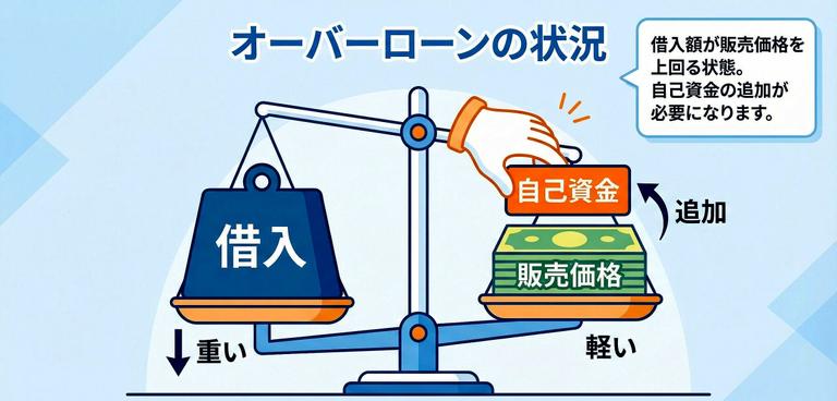 売却額がローン残債を下回るオーバーローンの図解