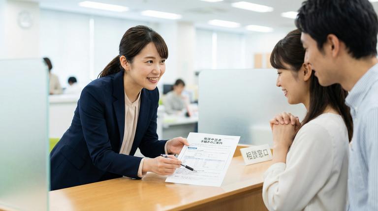 窓口で担当者から支援制度の説明を受ける夫婦