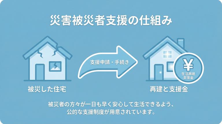 自然災害で被害を受けた家と支援金の概念図