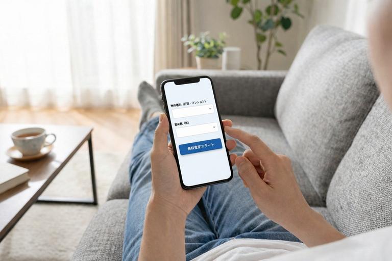 家の中でネット査定をしている人の画像