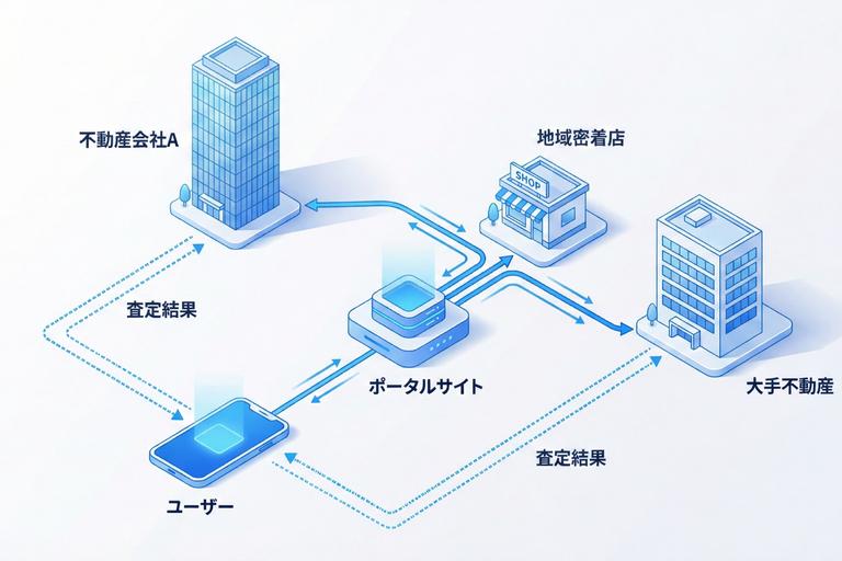不動産一括査定のサービスの仕組みを図解した画像