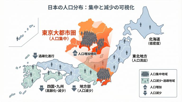 世帯数減少と首都圏への人口集中の対比