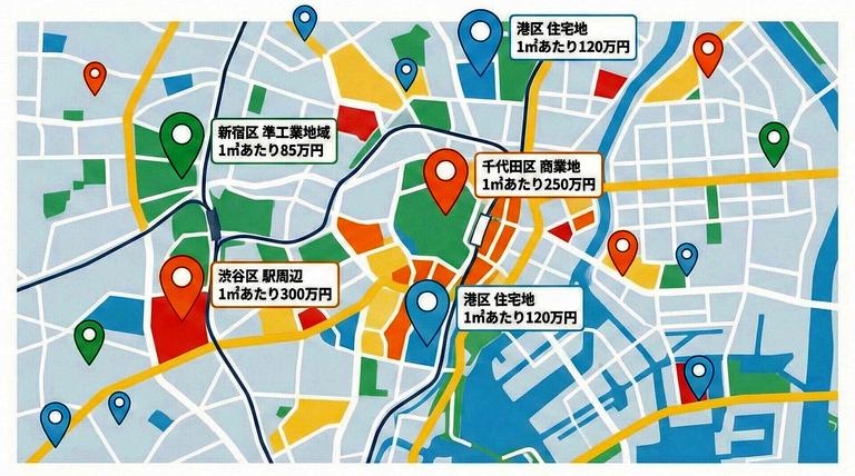 地図上のポイントで示される地価公示のイメージ