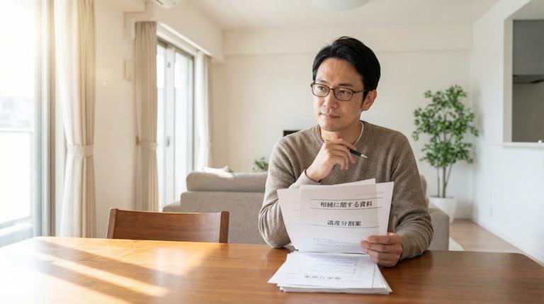 分譲マンションの相続放棄を検討する男性と書類