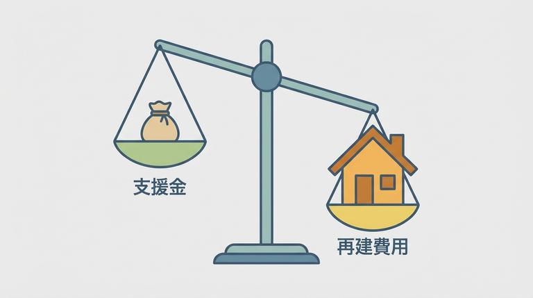 被災者生活再建支援金の給付額と再建費用の比較