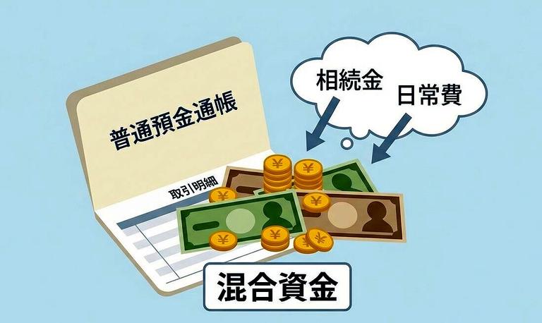 共有口座で相続現金と生活費が混在するイメージ
