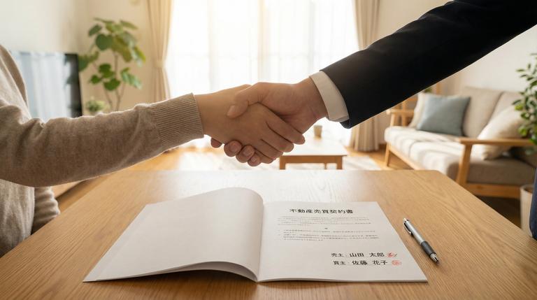 マンション売却の契約成立で握手する売主と買主の手元