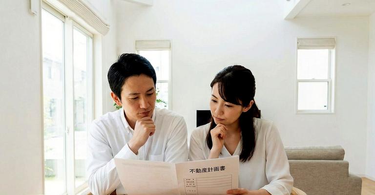 マンションを売るか貸すか悩む夫婦と天秤のイメージ