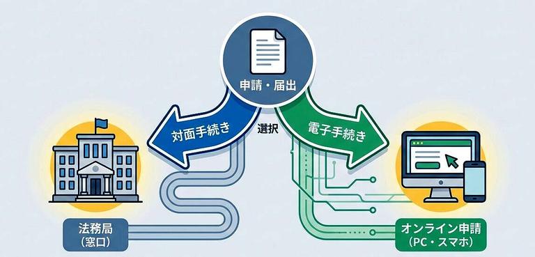 法務局窓口とオンライン申請の選択肢イメージ