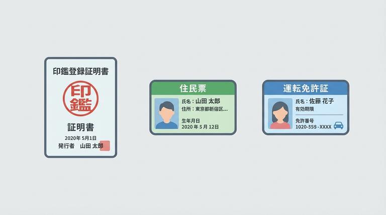 印鑑証明書と住民票と本人確認書類のイラスト