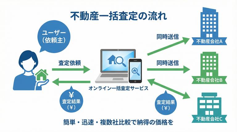 不動産一括査定サービスの仕組みと流れを示すフローチャート図