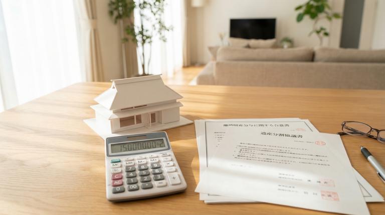 相続した遺産と財産分与の書類が置かれたテーブル