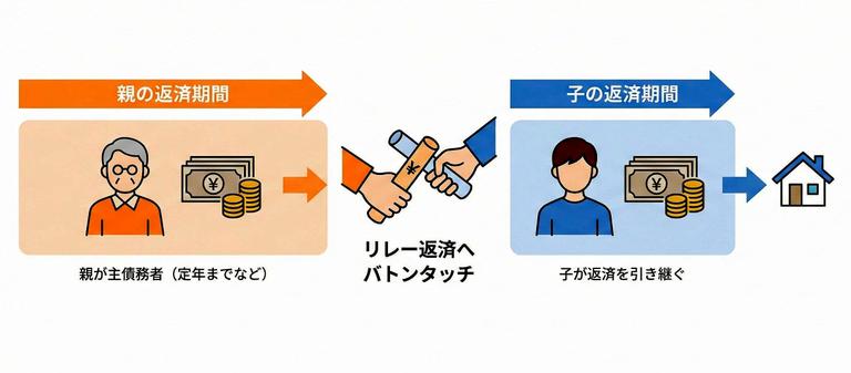 親から子へ返済を引き継ぐ親子リレーローンの仕組みを示す図解
