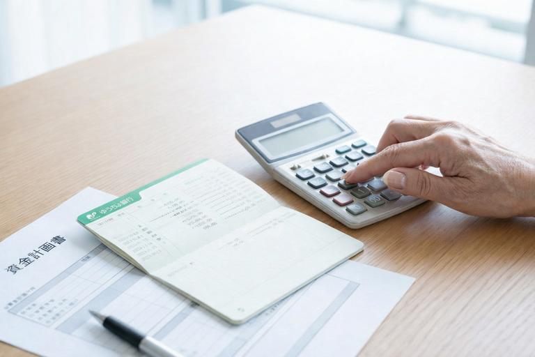 通帳を開いて資金計画を立てている様子の写真