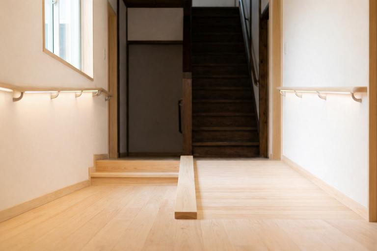 階段の横にスロープがついている家の廊下の画像