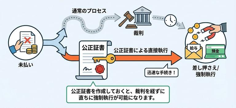 裁判を起こすことなく債務者(夫)の財産を差し押さえて養育費を支払う図解