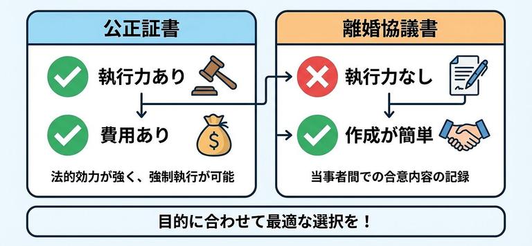 公正証書と離婚協議書の違いの比較