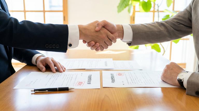 マンション売却の手続きを終えて握手をする売主と担当者
