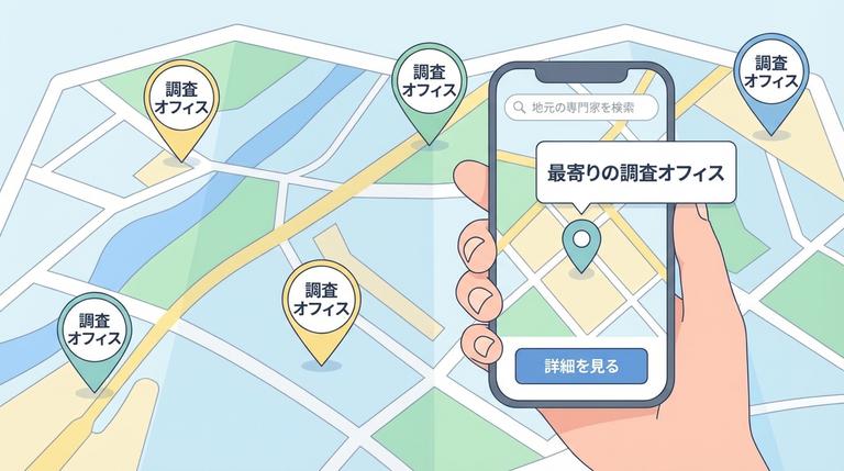 検索サイトで「地名+土地家屋調査士事務所」と検索する様子