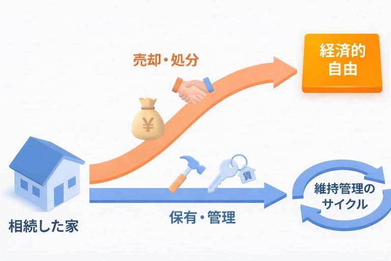 相続した家を売却処分する道と保有管理する道を示した図