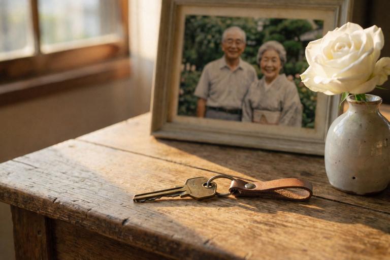 老夫婦の写真と家の鍵が置いてある室内の写真