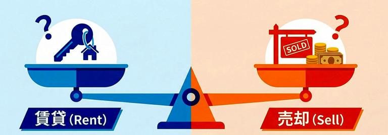マンションを貸すか売るか比較する天秤の図