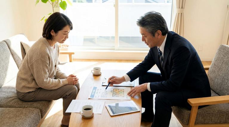 不動産会社の担当者と査定額について相談する様子