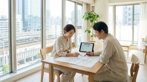 駅近マンションの窓辺で売却計画を立てる夫婦