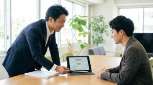 不動産担当者とマンション売却について相談する男性