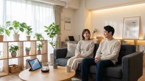 2LDKマンションでくつろぐ若い夫婦と観葉植物のあるリビング