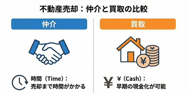 不動産仲介と業者買取の特徴比較を表した図