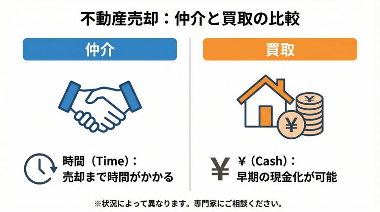 不動産仲介と業者買取の特徴比較を表した図