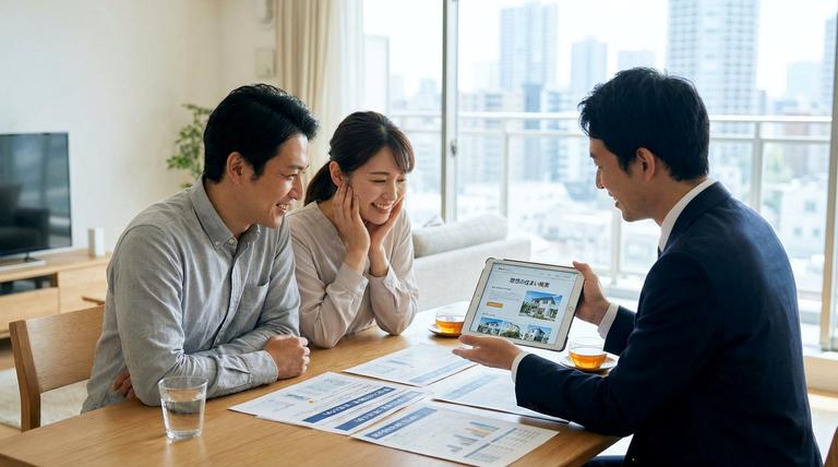 マンション売却について相談する夫婦と専門スタッフ