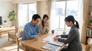 不動産担当者と笑顔で相談する日本人夫婦の様子