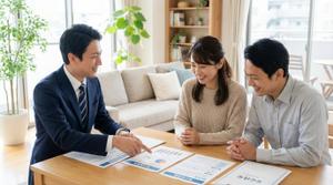 明るいリビングで不動産売却の相談をする夫婦と専門スタッフ