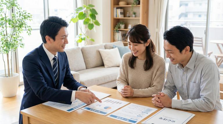 明るいリビングで不動産売却の相談をする夫婦と専門スタッフ