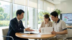 明るいオフィスで不動産売却の相談をする夫婦と担当者