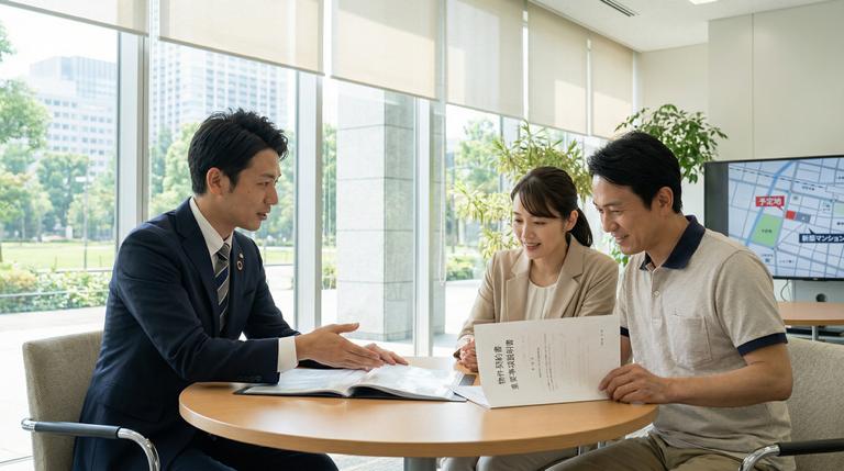 明るいオフィスで不動産売却の相談をする夫婦と担当者