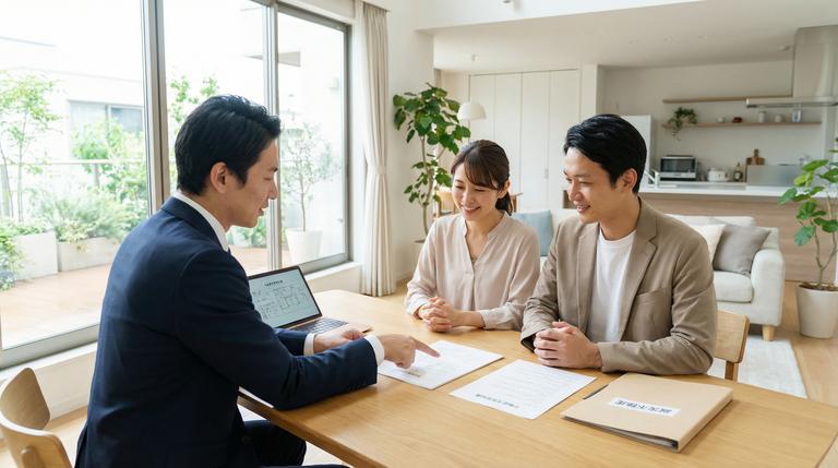 不動産売却の相談をする夫婦と笑顔のスタッフ