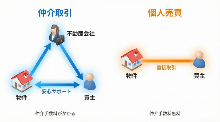 仲介取引と個人売買の関係者と特徴を示した図