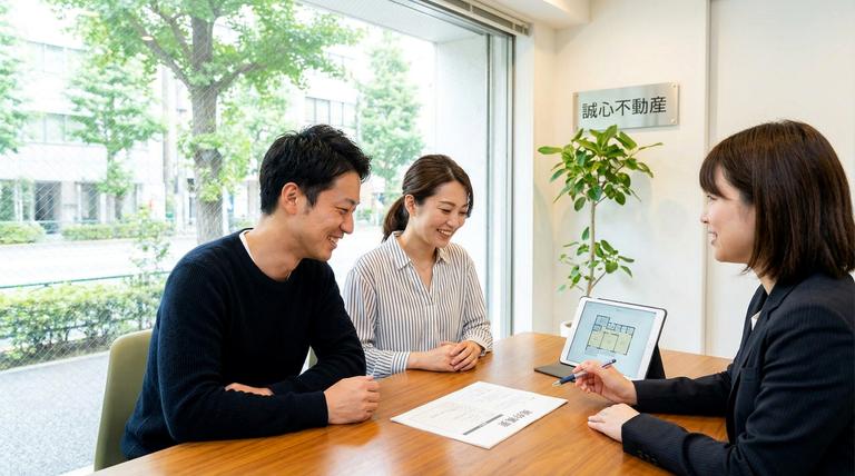 不動産売却について担当者と相談する夫婦の様子