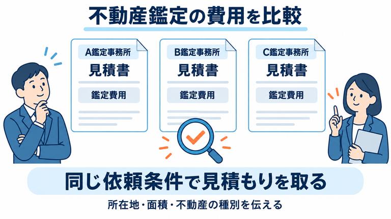 不動産鑑定の費用や依頼内容を複数社の見積書で比較するイメージ