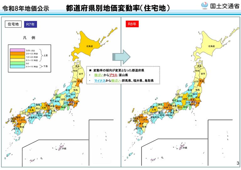 都道府県別の住宅地の地価変動率を示す地図(令和8年地価公示)