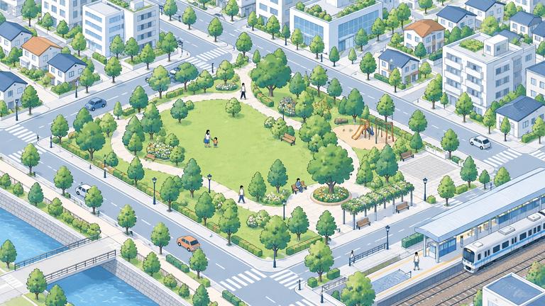 公園や道路などの都市施設を表したイラスト